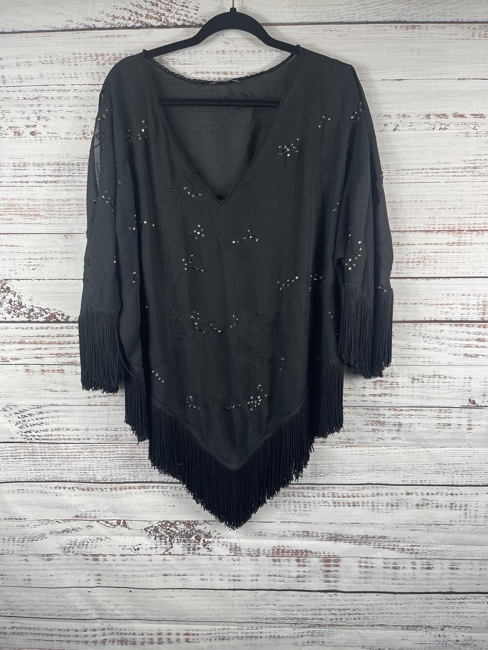 Kimono Blouse Women's One Size Black Silk Beaded Embroidered Fringe Boho Top